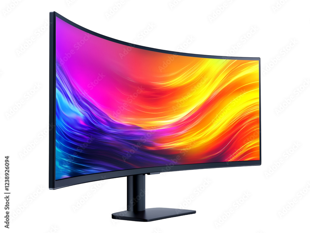 Poster curved monitor with abstract colorful design on the screen with an elegant black stand, isolated on 