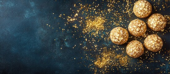 Oatmeal energy balls with golden sprinkles on dark textured background with copy space for text insertion