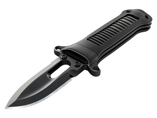 Obraz premium Black tactical folding knife with a sharp blade and textured handle, isolated on transparent background, PNG, cut out