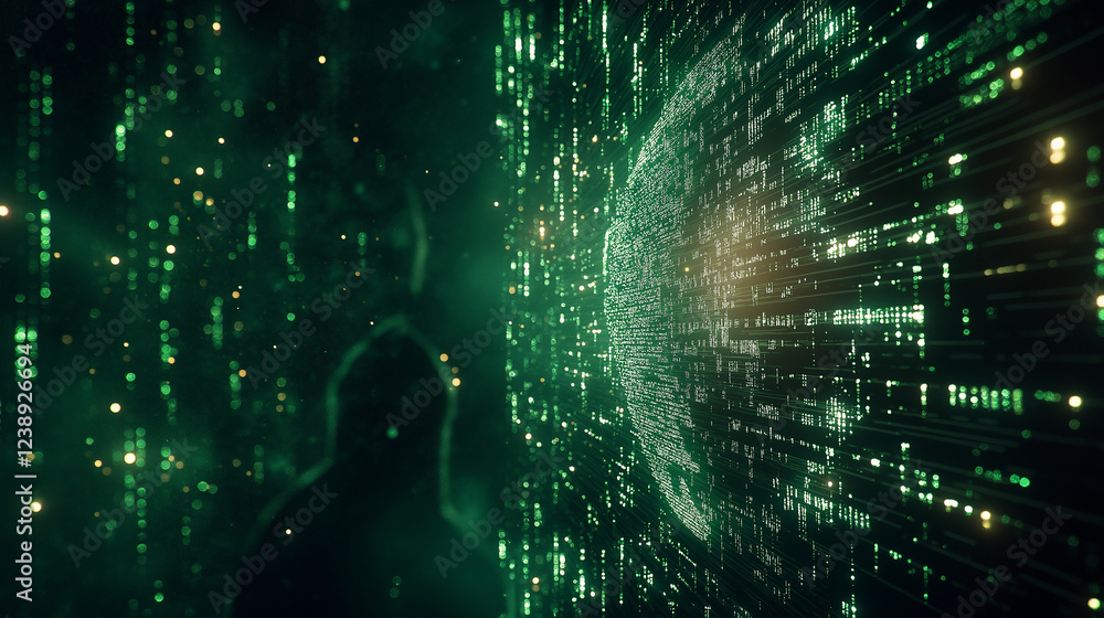 Poster digital matrix tunnel: a mesmerizing journey through a swirling tunnel of green digital code, with a