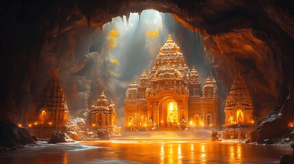 Golden temple, cave entrance, jungle, reflection, spiritual