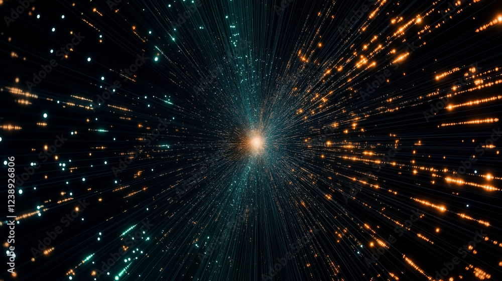 Poster cosmic convergence: an abstract, digital artwork showcasing two streams of light converging towards 