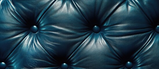 Blue leather tufted upholstery texture with buttons and deep creases, suitable for backgrounds or patterns, Copy Space available