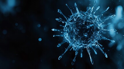 Microscopic view of a coronavirus particle with spike proteins, glowing against a dark background. pic