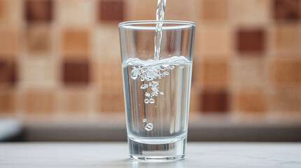 Filling glass with fresh water in the kitchen