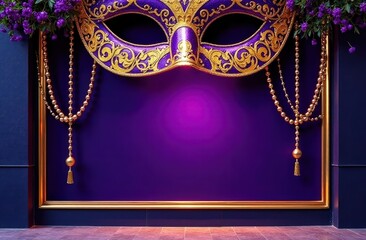A bold Mardi Gras-themed storefront display featuring a large purple and gold mask, shimmering beads