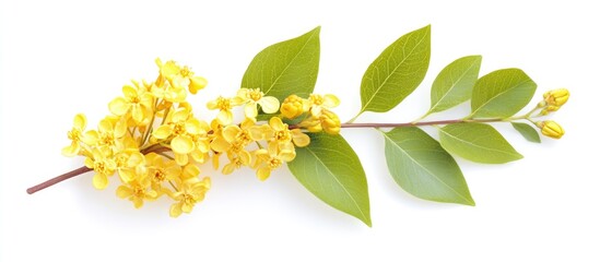 Yellow flowering branch with green leaves isolated on white background Copy Space