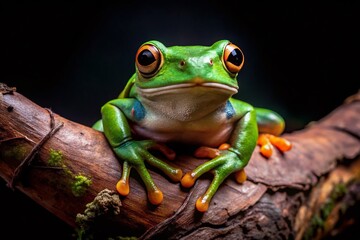 Fototapeta premium Green Tree Frog Perched on Branch in Night Forest