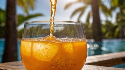 Glass of freshly poured apple juice with ice cubes and apple garnish, a vibrant and crisp drink.