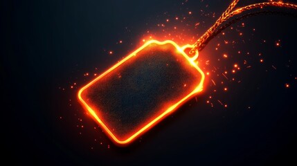 Obraz premium Burning label hanging on fire on dark background with sparks