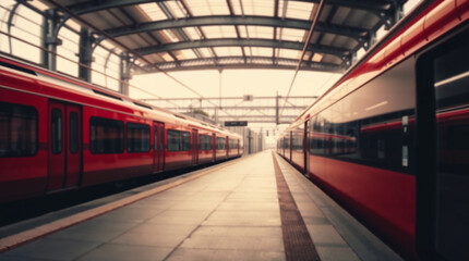 Obraz premium Red modern passenger trains standing at empty platform in railway station