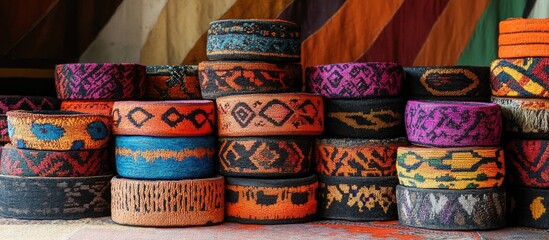 Colorful stacked textiles with intricate patterns displayed in a vibrant market setting Copy Space