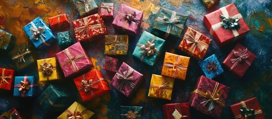 Colorful gift boxes arranged on a textured surface for festive occasions with vibrant backgrounds and Copy Space for text