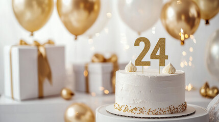 Birthday celebrations, 24 years old woman or man, Elegant white birthday cake with gold 24 and balloons, party celebration with copy space