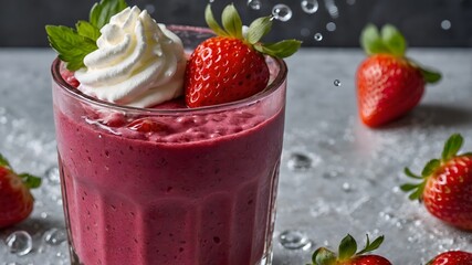 Strawberry smoothie topped with whipped cream and fresh strawberries, a delicious and refreshing dessert drink.