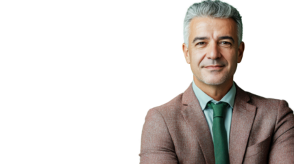 Confident senior businessman smiling with arms crossed on transparent background