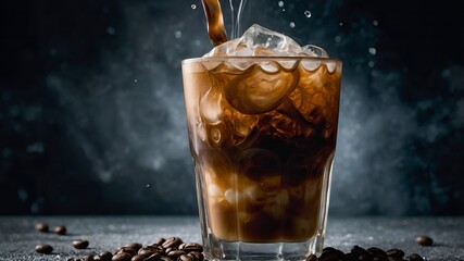 Steaming glass of iced coffee with swirling milk and scattered coffee beans, aromatic and refreshing drink.