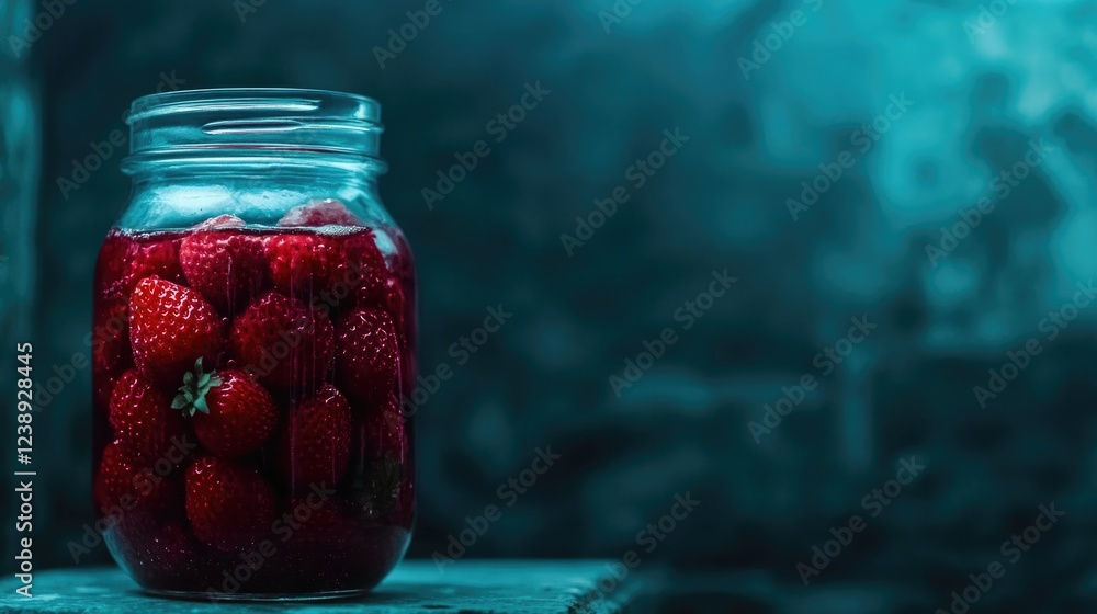 Poster jar of strawberries in syrup on a surface with a textured background illuminated in cool blue light 
