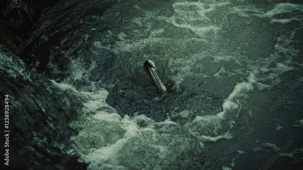 Poster swimming pool drain with turbulent water surface creating ripples and foam around it