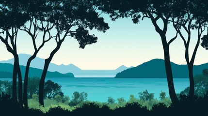 Serene Lake Landscape with Dark Silhouette Trees