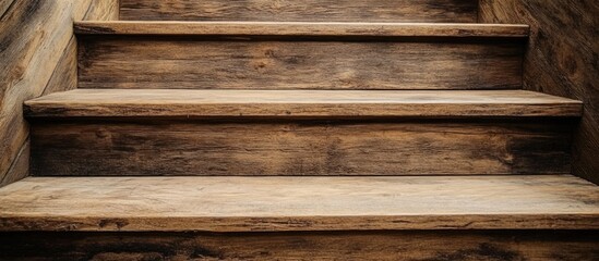 Wooden staircase close-up with textured wooden steps and natural finish showing wear and grain patterns. Copy Space available.