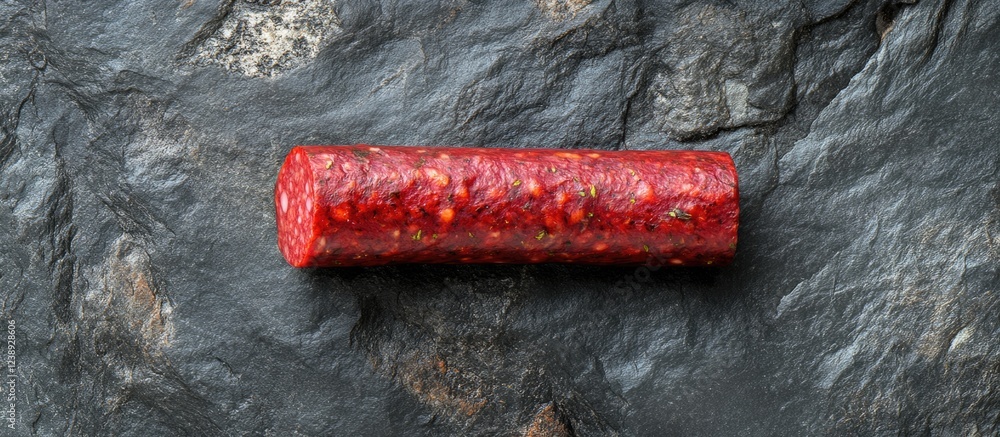 Poster sliced cured sausage on a dark stone surface showcasing its rich red color and texture with copy spa