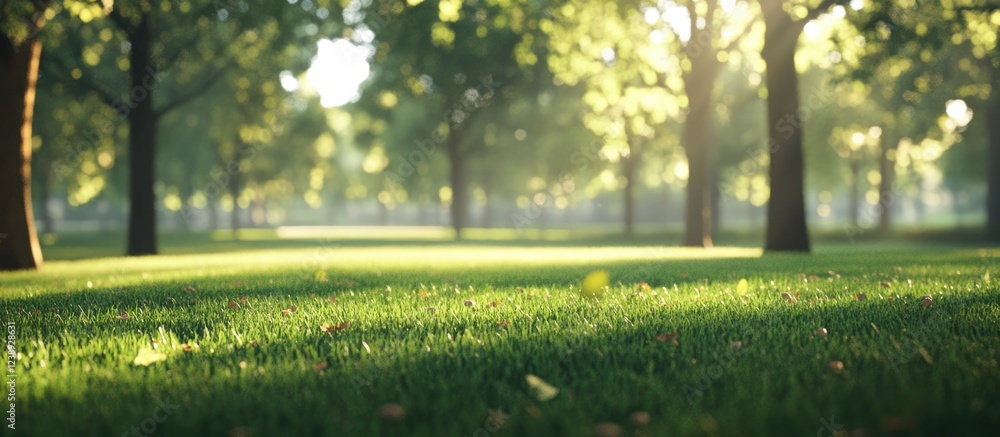 Poster sunlit grassy field surrounded by trees in a park setting with natural light filtering through folia