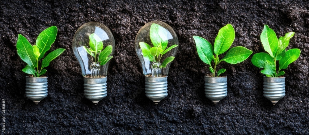 Poster lightbulbs with small plants growing inside them arranged on dark soil background with ample copy sp