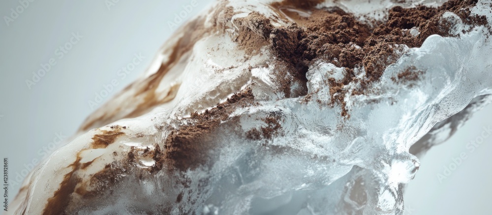 Aufkleber abstract close-up of textured ice with brown earth particles on a light background copy space