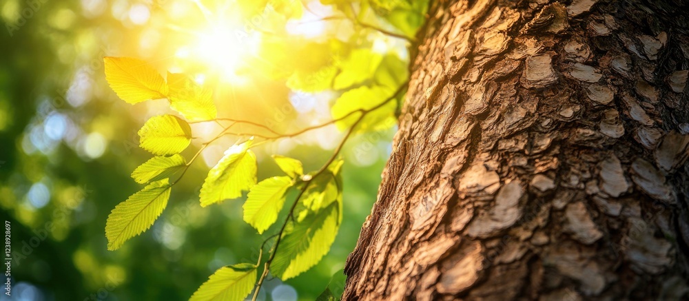 Aufkleber close-up of tree bark with green leaves and sunlight filtering through branches, natural background 