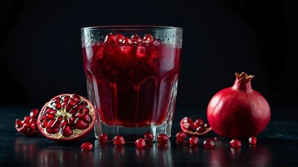 Glass of fresh pomegranate juice with whole pomegranates and scattered seeds, vibrant and healthy drink.