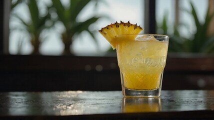 Glass of pineapple juice with fresh pineapple garnish in a dark, moody setting, tropical refreshment.