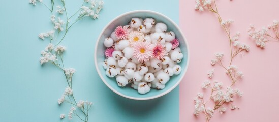 Fototapeta premium Bowl of popcorn with pink and white flowers on a pastel blue and pink background with floral accents and Copy Space