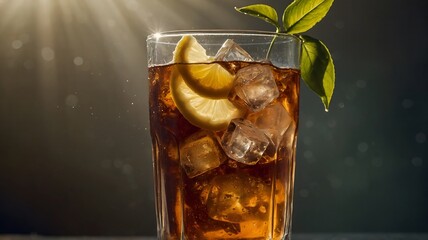 Glass of iced tea with lemon slices and fresh mint leaves on a wooden table, refreshing summer beverage.