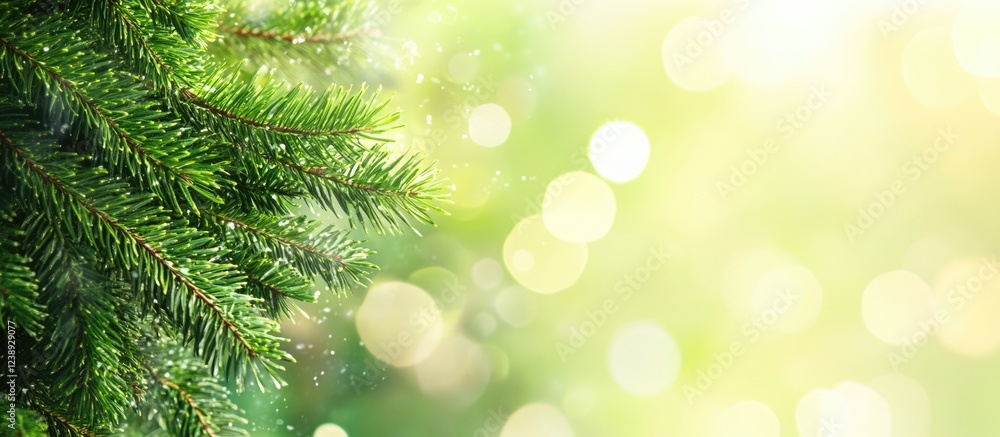 Poster green pine tree branch with soft bokeh background and light rays ideal for seasonal themes and copy 
