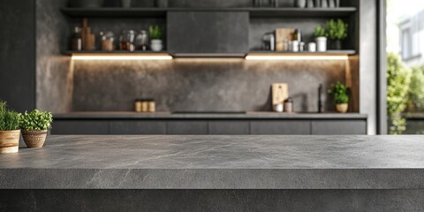 Modern kitchen interior with gray stone countertop and shelves, decorative plants, and stylish kitchenware, Copy Space