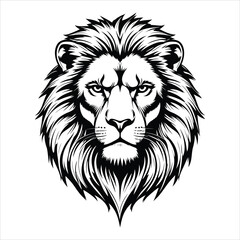 Powerful Black and White Lion Head Graphic/A bold, stylized black and white graphic of a lion's head.