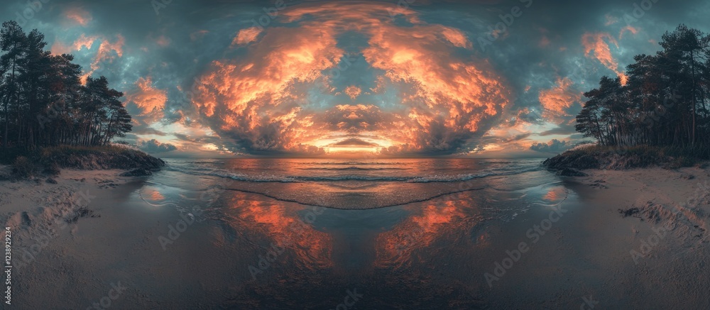 Poster symmetrical sunset reflection over calm ocean with clouds and trees in the foreground, serene beach 