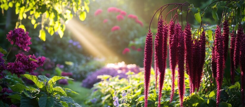 Vibrant flower garden with hanging purple amaranth and sun rays illuminating the lush greenery and blooming flowers in the background Copy Space