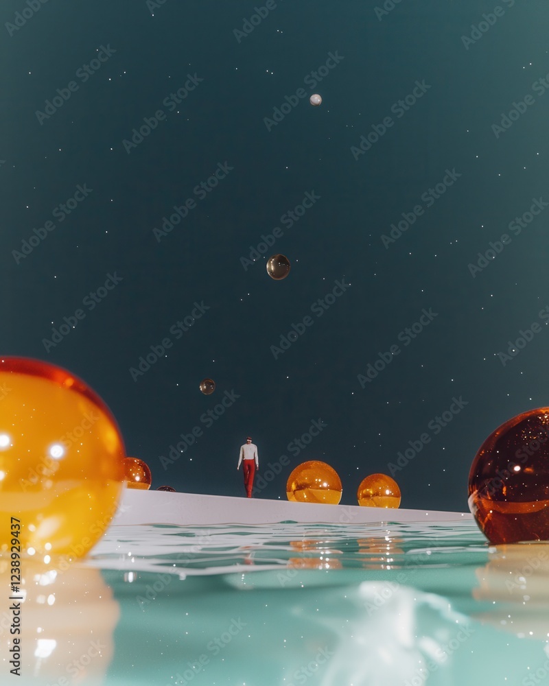 Poster spaceship navigating through a surreal particle maze with glowing orbs dreamlike environment artisti