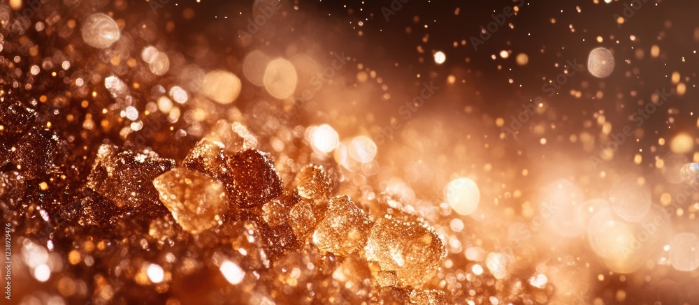 Poster golden sugar crystals with sparkles and bokeh effect on a dark background ideal for festive themes a