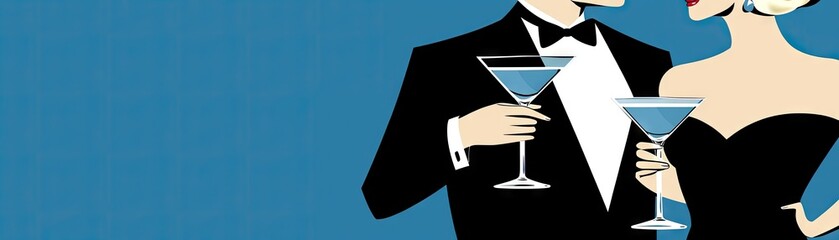 Elegant couple toasting cocktails, blue background, party event