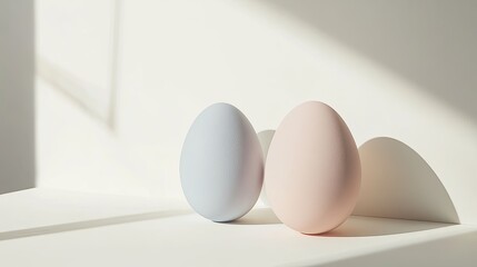 Fototapeta premium Minimalistic pastel eggs with abstract shapes, white background, text space.