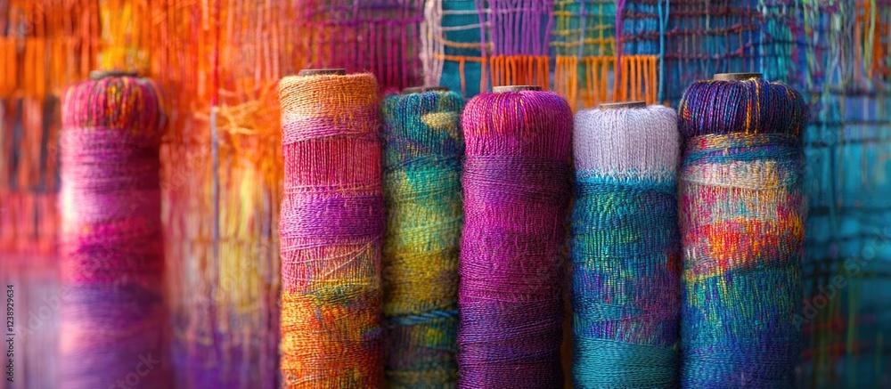 Poster colorful spools of thread against a vibrant background of woven fabric with intricate patterns and t