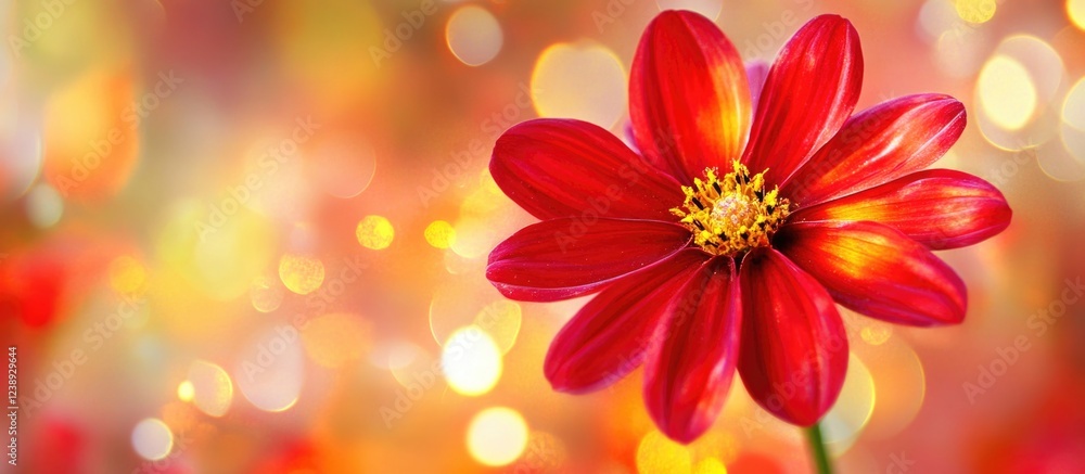 Poster Red flower with vivid petals and yellow center against a blurred colorful bokeh background suitable for various design projects Copy Space