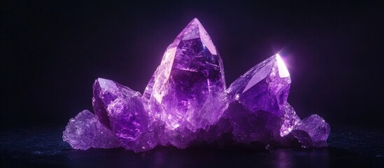 Obraz premium Purple amethyst crystals clusters on black background with highlights and reflections. Copy Space for text.