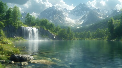 Fototapeta premium Mountain lake waterfall scenic summer nature travel