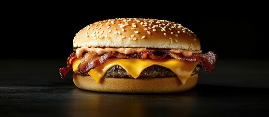 Cheeseburger with bacon slice and melted cheese on sesame seed bun against dark background Copy Space