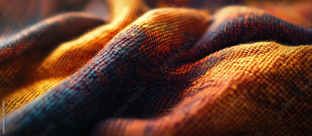 Poster close-up of colorful textured fabric with folds and ripples in warm tones suitable for background or