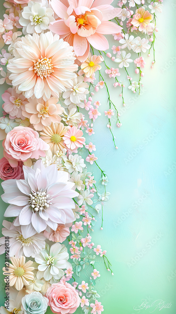 Aufkleber a vibrant display of assorted flowers, including roses and daisies, cascading down a soft gradient b
